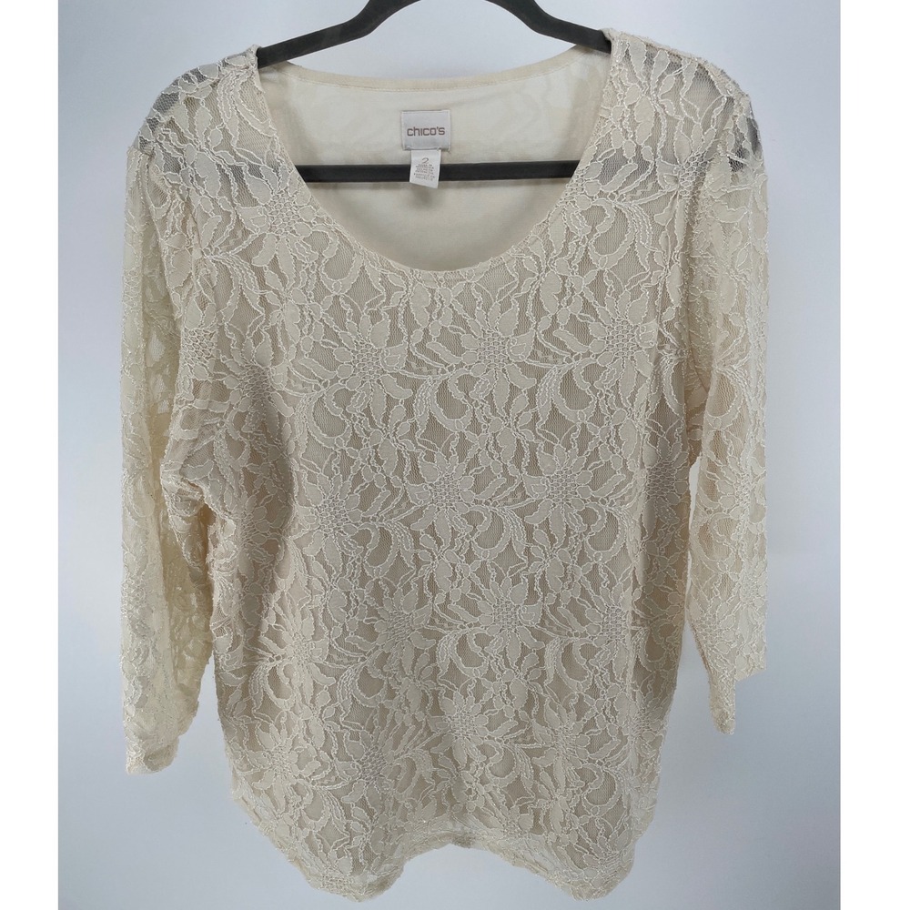 Chicos Lace Top Women Size 2 Ivory Excellent Floral 3/4 Sleeve Scoop Blouse